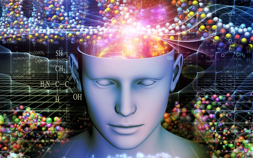 Abstract design made of human head and symbolic elements on the subject of human mind, consciousness, imagination, science and creativity